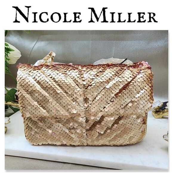 NWT Nicole Miller Gold Sequin Crossbody Bag - Picture 1 of 13